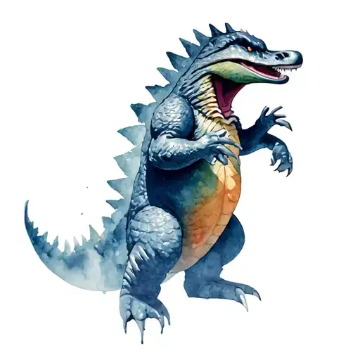 angry big duck monster in the size and setting of godzilla tattoo design idea