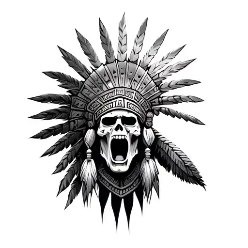 aztec screaming skull warrior with headdress being worn facing forward  tattoo design idea