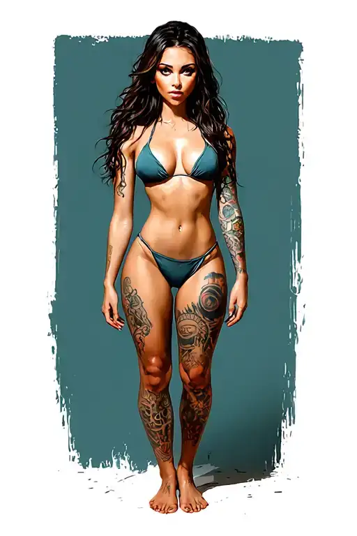Sexy girl, petite, small boobs, wide hips, bikini . long hair,sexual. Seductive. Full Body, standing with legs and feet tattoo design idea