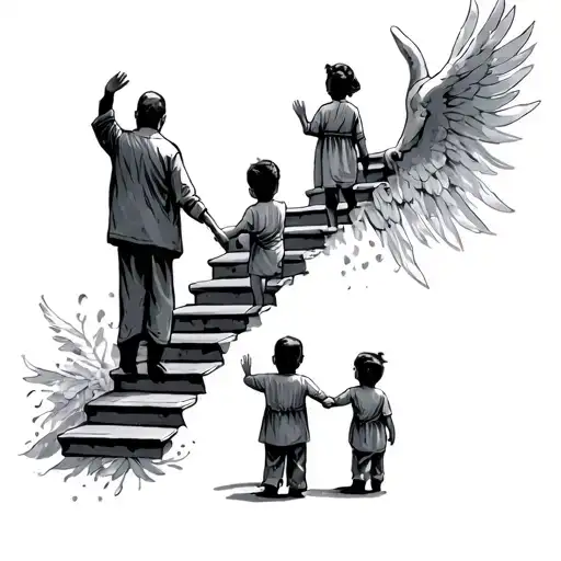 stairs to heaven waving dad waving goodbye to 3 kids tattoo design idea