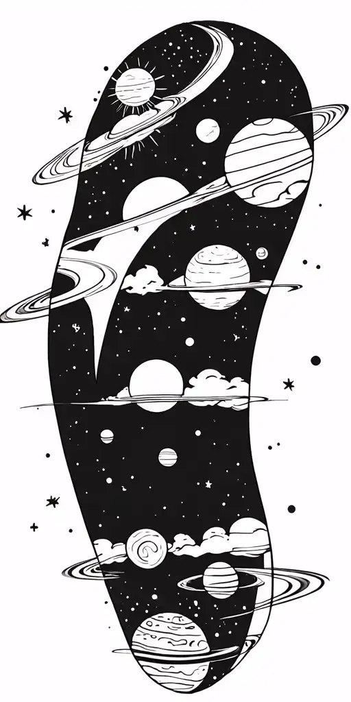 Universe with sun on the shoulder, planets with orbits around biceps and triceps tattoo design idea