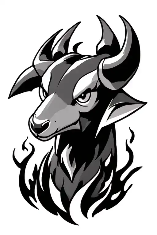 pokemon Houndoom tattoo, mostly in a rounded shape, bust portrait, ad flames, ferocious look tattoo design idea