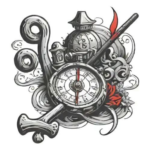 lost numbers, a hook, a cane, lost ark, gold ring, blue and red pill, bedknobs and broomsticks. tattoo design idea