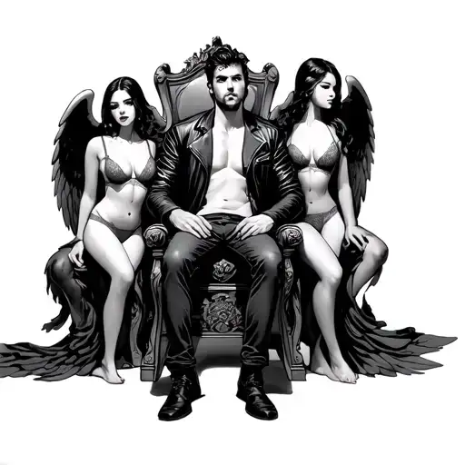 male human sitting on a throne wearing a leather jacket, surrounded by topless sexy angel girls in lingerie tattoo design idea