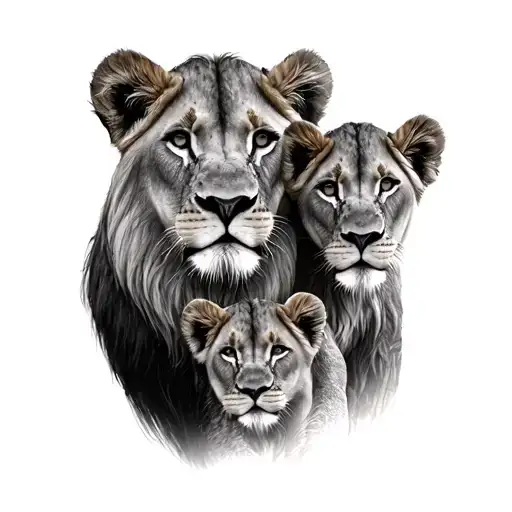 lion lioness 3 cubs face only tattoo design idea