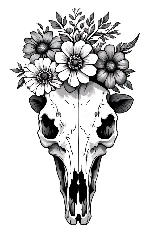 cow skull and wild flowers tattoo design idea