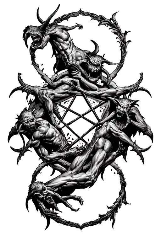 satan pentagram with demon figures around them with their jaws broken open tattoo design idea