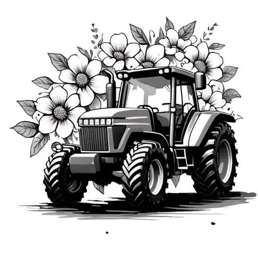 a simple tractor tattoo with flowers behind it tattoo design idea