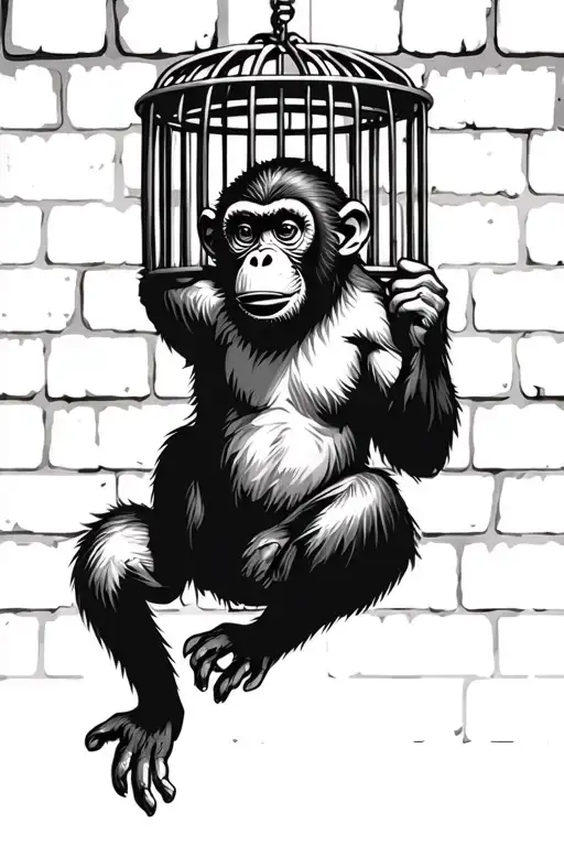 hanging monkey holding on shoulder inside chain link cage brick wall background  tattoo design idea