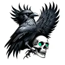 tattoo design of a raven merging with a human skull, glowing cyan eyes and mouth, black ink feathers, fine linework, dot tattoo design idea