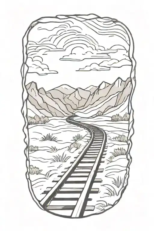 A train track winding through a fiery landscape tattoo design idea