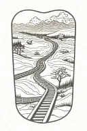 A train track winding through a fiery landscape tattoo design idea