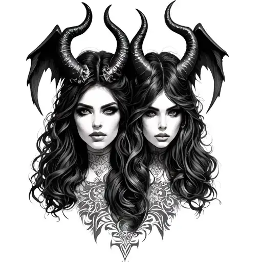 gemini twin latina women with devil horns and wings tattoo design idea