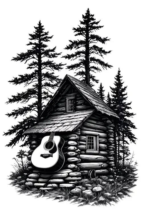 Log Cabin With An Acoustic Guitar Nature Scene  tattoo design idea