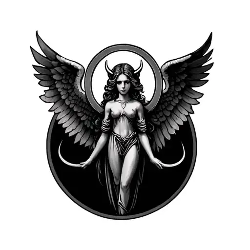Gemini zodiac sign with angel halo and devil horns and tail  tattoo design idea
