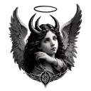 Gemini zodiac sign with angel halo and devil horns and tail  tattoo design idea