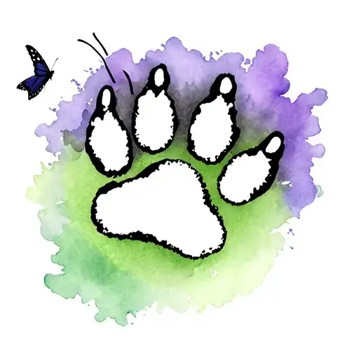 black dog paw print with a butterfly flying around it with  flight path line .with purple & green water colour behind it tattoo design idea