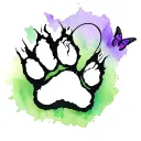 black dog paw print with a butterfly flying around it with  flight path line .with purple & green water colour behind it tattoo design idea