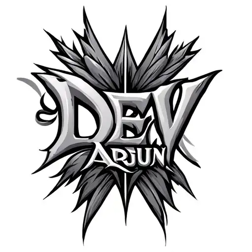 A powerful black-and-grey tattoo design for the name "Dev Arjun". The word "DEV" is represented as a vertical arrow poin tattoo design idea