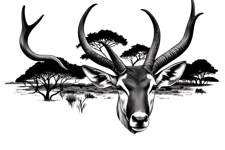 a kudu face but the horns turn into acacia trees at the ends. And between in the horns is a savanna type image tattoo design idea