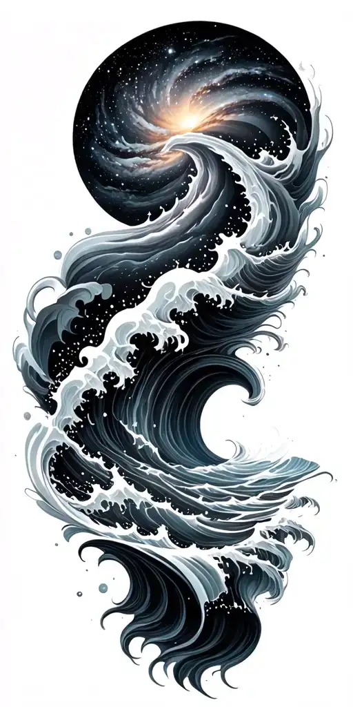 Black and grey sleeve: spiral galaxy above ocean waves, smooth transition, elegant and dark realism. tattoo design idea