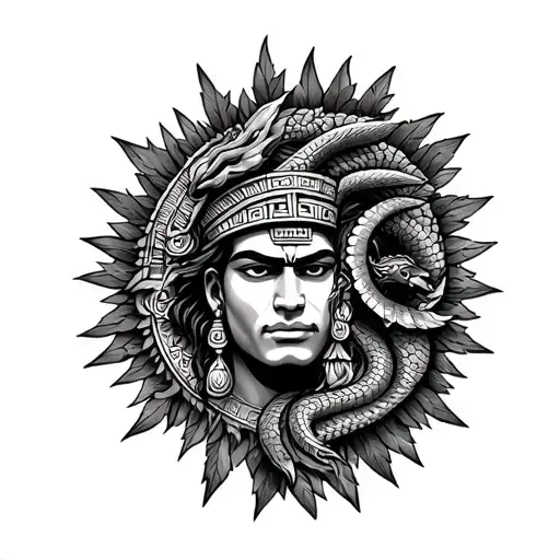 he Aztec Sun God on the right side of the chest, with Quetzalcoatl's feathered serpent elements integrated within that l tattoo design idea