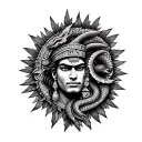 he Aztec Sun God on the right side of the chest, with Quetzalcoatl's feathered serpent elements integrated within that l tattoo design idea