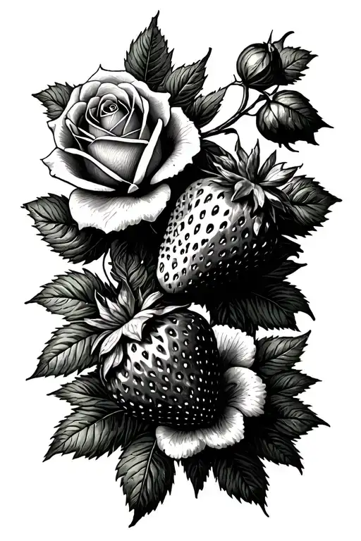 reduce the number of leaves and put the strawberries and roses in a postage stamp tattoo design idea