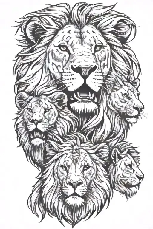 1 Big male lion head with a smaller female lion, 2 younger male lions and 1 younger female lion and 1 cub tattoo design idea