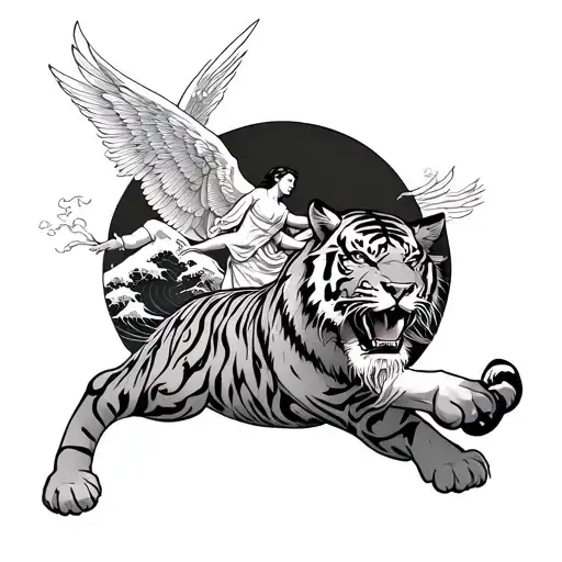 Sri Lankan tiger pouncing with the arc angel Gabrielle protecting and the famous Japanese wave in background in a sleeve tattoo design idea