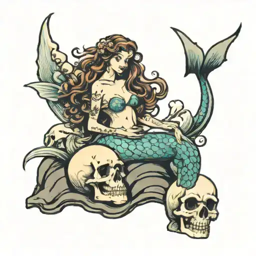 Old school tattoo of a mermaid sitting on a rock in the sea, holding a skull tattoo design idea