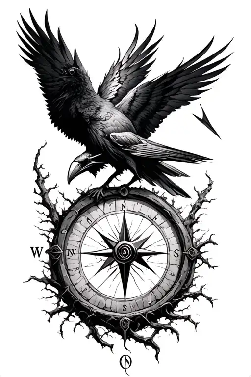  raven tree of life ,viknig compass surrounded by ruins  tattoo design idea