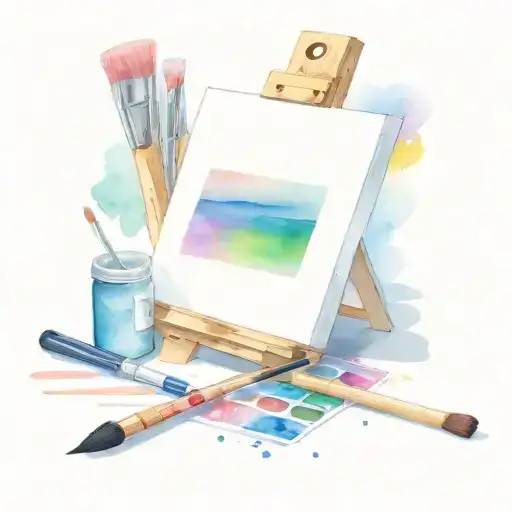 Paints, easel, brushes for painting, bright tattoo design idea