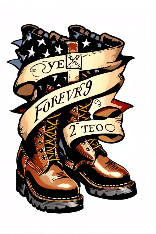 cross and boots with "Forever 29" in a ribbon tattoo design idea