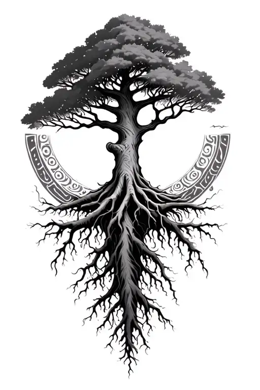 a tree with deep roots and patterns around it tattoo design idea