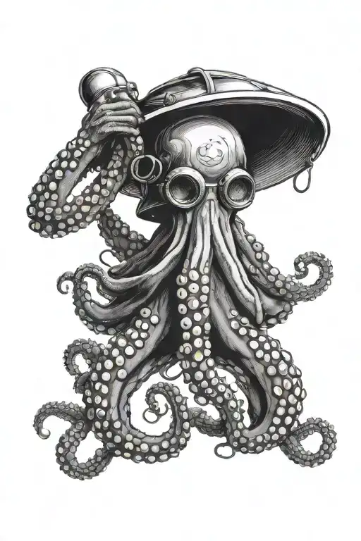 octopus holding diver helmet reaching out of the water to grab a boat tattoo design idea