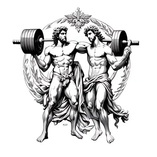 A tattoo design featuring Zeus and Apollo engaged in a weight lifting competition inspired by Greek mythology, with elements of Roman history and Italian gods incorporated tattoo design idea