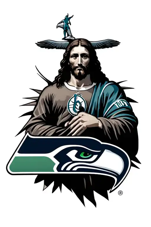 Old school Seattle Seahawks logo with smaller Seattle mariners logo on lower outer bicep, with a Jesus portrait above tattoo design idea