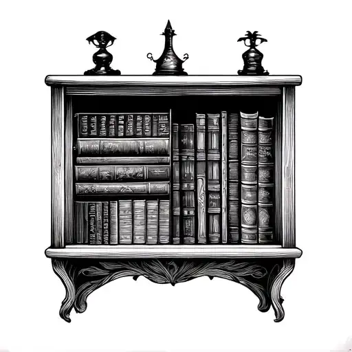 A mysterious bookshelf filled with dark romance novels and subtle BDSM references tattoo design idea