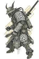 samurai cyberpunk in combat tattoo design idea