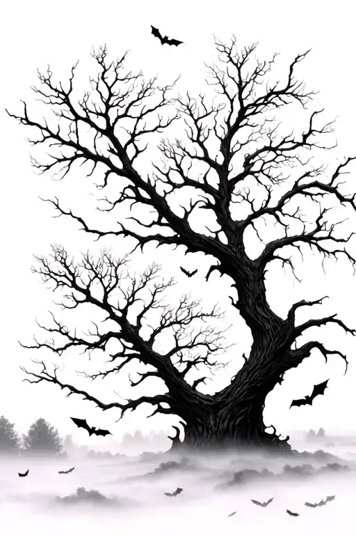 Long leafless tree surrounded by fog and bats tattoo design idea