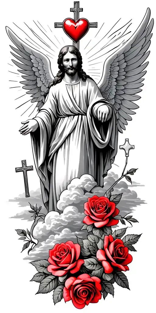 saint Francis of Assisi with wings and a heart with rays and clouds and a cross and lightly red colored roses throughout tattoo design idea