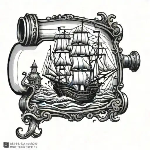 ship in a bottle with kraken emerging tattoo design idea