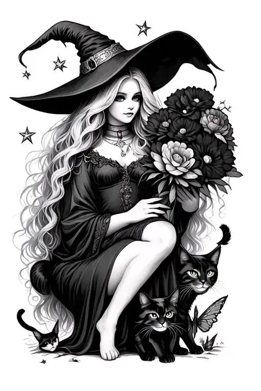 beautiful witch with long blonde hair holding dark ugly flowers surrounded by angry cats  and fairies and stars tattoo design idea