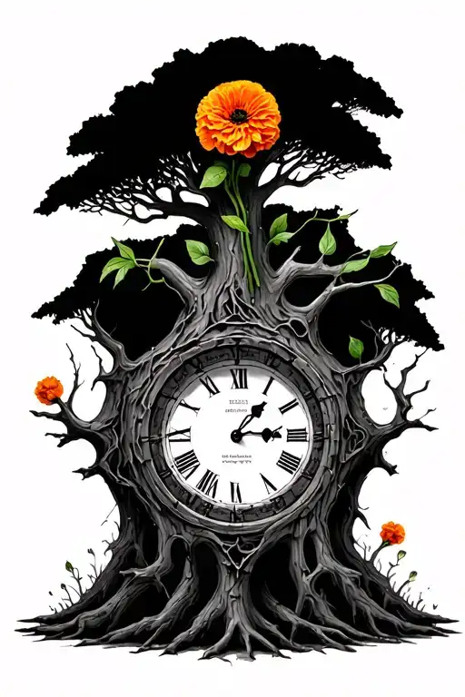 A dead tree of life with a broken clock with a piece missing and a marigold flower coming out of the missing piece  tattoo design idea