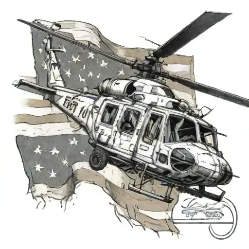 “Vietnam war era search and rescue helicopter flies over a worn and tattered American flag.  tattoo design idea
