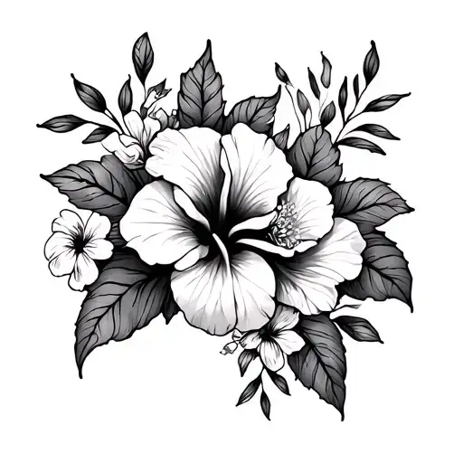 long hip tattoo with honeysuckle and hibiscus flowers, black and gray fine-line art  tattoo design idea