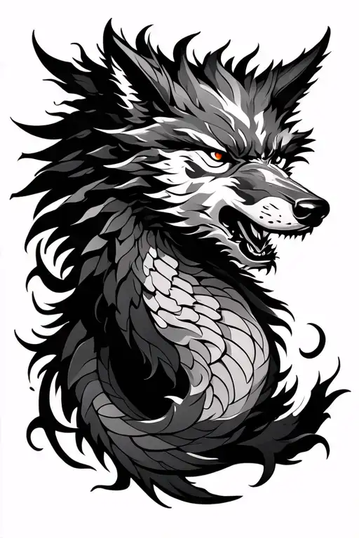 tribal wolf Japanese dragon tattoo design idea
