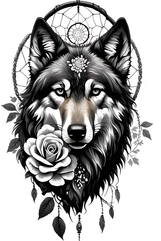 Dream Catcher wolf blended by roses mayflowers hibiscus tattoo design idea