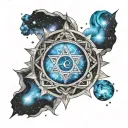 throat chakra symbol surrounded by a galaxy tattoo design idea